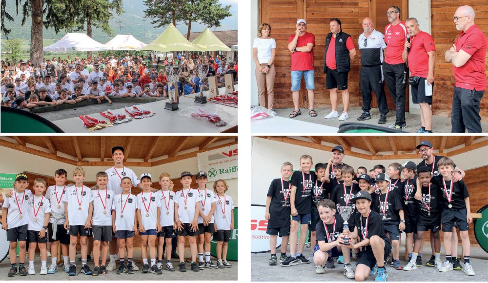 l.o.: Gespannt warten die jungen Fußballerinnen und Fußballer auf die Medaillen und Pokale; r.o.: Die Organisatoren vom Sportverein Kastelbell und vom VSS Bezirksausschuss Vinschgau bei der Preisverteilung; l.u.: Pokalsieger U11 Spielgemeinschaft Mittelvinschgau; r.u.: Pokalsieger U9: Spielgemeinschaft Laatsch/Taufers