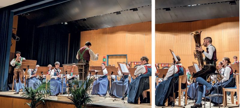 Trompetensolo von Luis Parth, eingebettet in den Klang der MK Eyrs; rechts: Solist Lukas Kurz an der Tuba