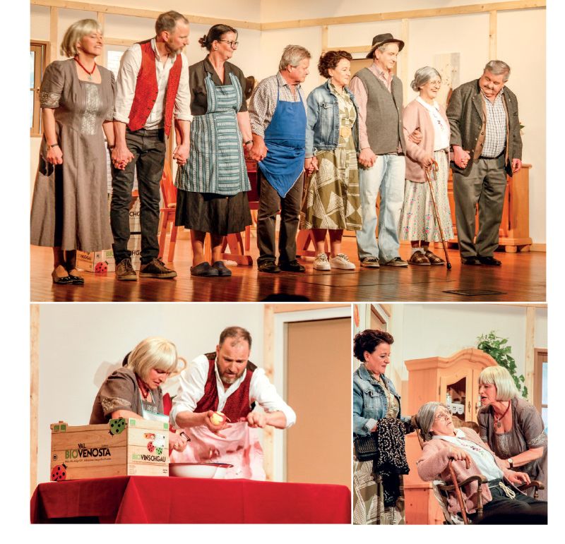 oben das mit viel Applaus bedachte Schauspielerensemble; links: Frieda Gorfer und Harald Rainer; rechts: Valentina Raffeiner, Helga Santer und Frieda Gorfer