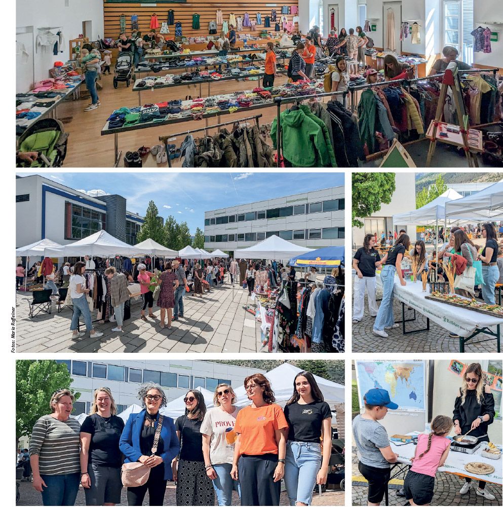 oben: Ein Saal voller Kinderartikel; unten links Flohmarkt von Frauen für Frauen, rechts: Am Imbissstand