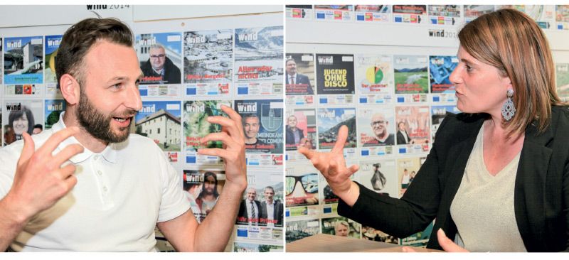 Links: David Frank - SVP Landtagskandidat der Jungen Generation in  der Südtiroler Volkspartei: Jahrgang 92, stammt aus Matsch, wohnhaft in Glurns und ist Agronom und Produkmanager bei IDM; rechts: Sabine Zoderer - Landtagskandidatin für die Freiheitlichen,   F-Obfrau: Jahrgang 79, Mutter von 2 Kindern, wohnt in  Partschins, hat Gumser Wurzeln, arbeitet als Sekretärin