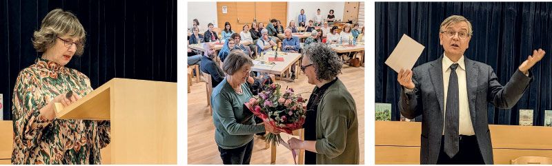 links: Donatella Gigli hauchte den Texten Leben ein; Mitte: Blumen für die ehemalige Bibliothekarin Elsa Stecher Tscholl; rechts: Schmackhafte Leseempfehlungen, angerichtet von Markus Fritz