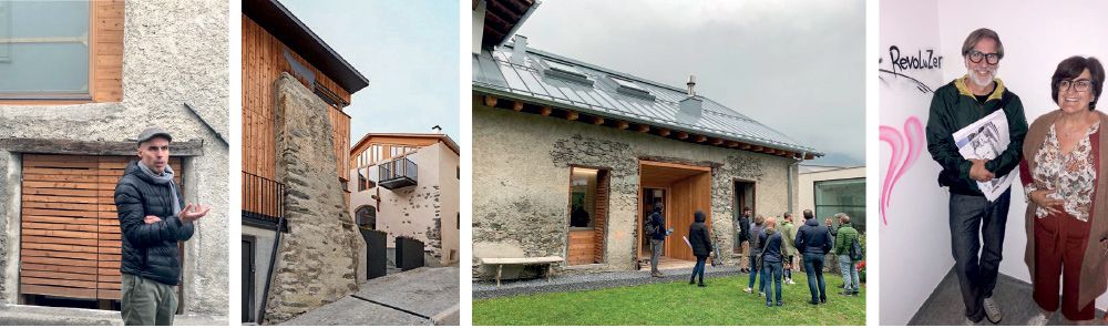 v. l.: Michael Fliri erklärt das Atelier im umgebauten Stadel; das Ferienhaus Mangitz, geplant von Arch. Christian Kapeller; Calderan Zanovello und BMin Roselinde Gunsch;