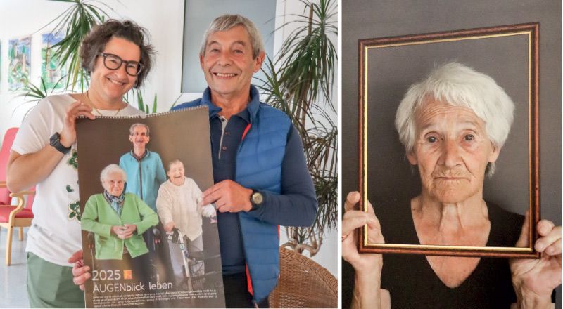links: Direktorin Roswitha Rinner und Verwaltungsratsmitglied Christian Folie; rechts: Kalenderbild mit Frau Frieda Zischg Tarneller aus Stilfs