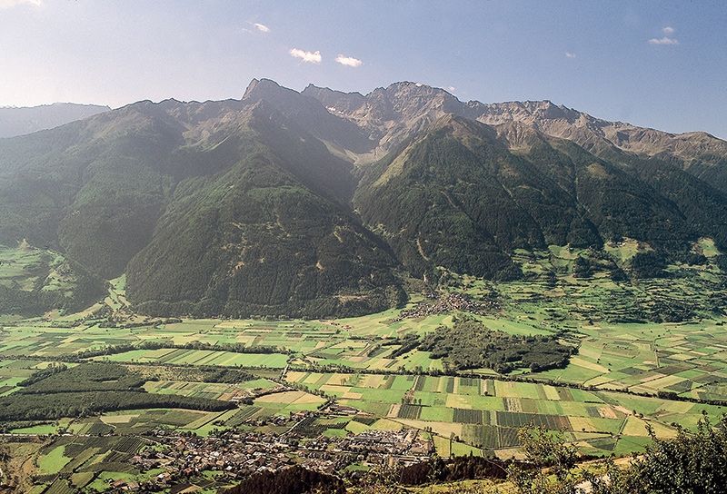 Der Mittelvinschgau mit der Eyrser- und der Tschenglser-Au in den Jahren 1980. Die Wiesen, Äcker und Laubwälder der Auen boten dem Fasan damals noch den geeigneten Lebensraum. Foto: Wolfgang Platter