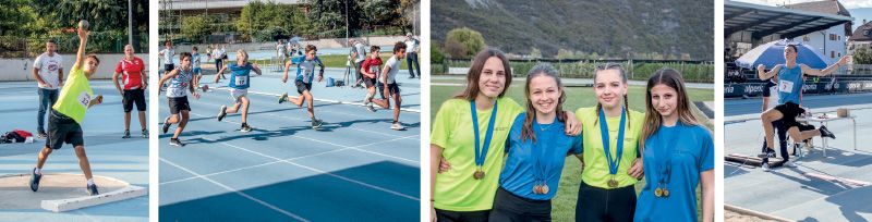 v. l.: Jakob beim Kugelstoßen, Gabriel beim 60 m Sprint, die vier Mädchen aus Naturns, Plaus und Schnals und Jan beim Weitsprung