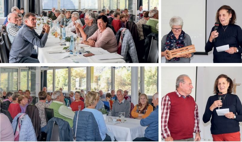 Die Abschlussfeier der Vinschger Seniorenwanderungen im AVS findet traditionell im Goldrainerhof statt. Rechts: Zwei an vorderster Front, Fini Veith aus Prad am Stj. und Hubert Waldner aus St. Valentin, wurden mit einem kleinen Dankeschön für ihre jahrelange ehrenamtliche und wertvolle Mithilfe von der Hauptorganisatorin Regina Marth Gardetto verabschiedet.