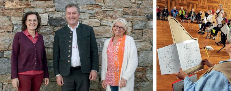 links: Sibille Tschenett, Gernot Niederfiniger und Angelika Jekic; rechts: das Tischharfenorchester der Sing- und Musikschule Mozartstadt Augsburg im Kulturhaus von Schluderns