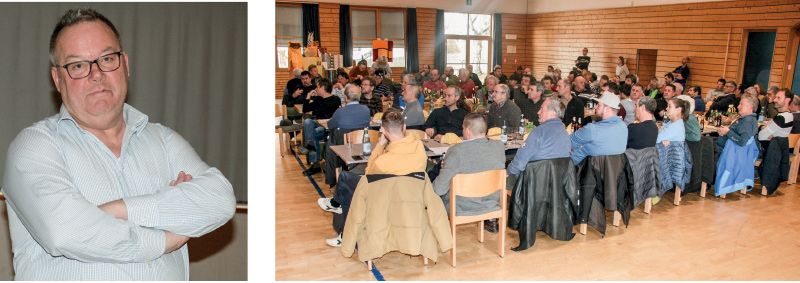 links: der wiederbestätigte Bezirksobmann Othmar Patscheider unten rechts: Imker:innen im Mehrzwecksaal von Tarsch, wo jede/jeder zum Abschluss ein Wienerschnitzl serviert bekam, zubereitet von Hansjörg Bernhart aus Burgeis