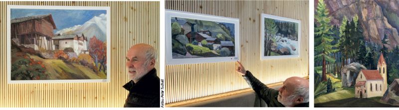Herbert Rechenmacher vor dem Bild Grubenhof Talauswärts - Öl auf Leinwand; Rechts die Plima, links die Eberhöfe – Öl auf Leinwand; St. Maria in der Schmelz – Öl auf Leinwand