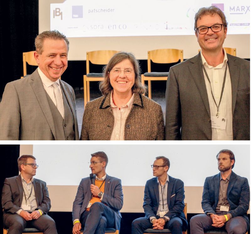 links die Organisatoren der Malser Umwelt- und Energietage Dietmar Thomaseth (IBI-Präsident), die Rechtsanwältin Bettina Geisseler und Ingenieur Walter Gostner; unten am Podium v.l.: Michael Roth (Schweiz), Michael Class (EnBW Baden Württemberg), Dieter Theiner (Alperia) und Michael Wunderer (E-Werk Prad)