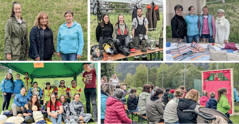Die Initiatorinnen v. l. Lisa Kanestrin, Simone Platzer und Petra Platzer hatten die Vereine zuerst an einen Tisch und dann für ein Fest auf den Sportplatz geholt; FF Sulden und Stilfs; Stilzer Webnetz; unten v. l.: WK Sulden und s’Lorgagassl