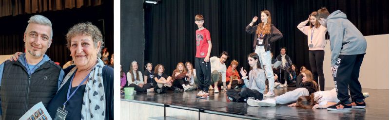 Nach den fünftägigenKreativtagen erfreuten die Schülerinnen und Schüler ihr Publikum mit Improvisationsspielen und lustigen Sketch links: Daniel Trafoier (JUVI) und Christl Stocker Perkmann (Heimatbühne Schluderns)