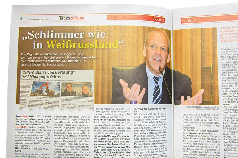 Ex-SVP-Senator Karl Zeller: „Ich habe mich vor kurzem geweigert, bei Gianluca Bressa zu intervenieren, auf dass er seine Anträge zum Athesia-Medienmonopol zurückzieht.“