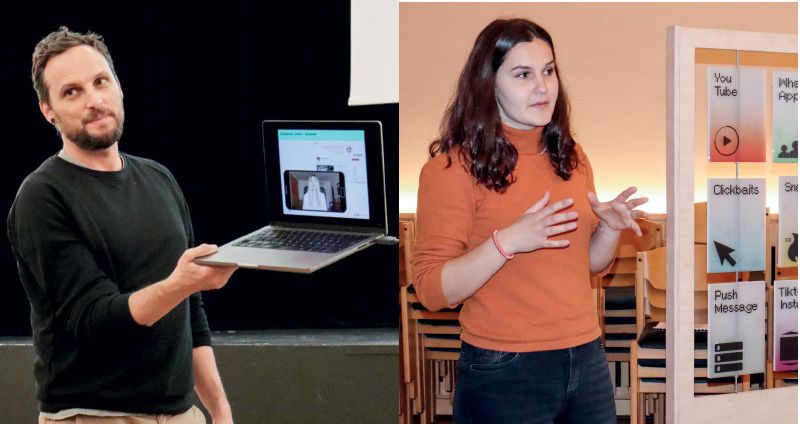Manuel Oberkalmsteiner und Ingrid Kapeller beim Informationsabend für Eltern im Kulturhaus von Mals