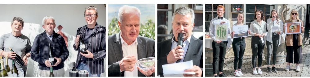 Drei Weine „Asparagus“ von den drei Weinbauern v. l.: Leo Forcher vom Rebhof, Martin Pohl vom Köfelgut, gleichzeitig Spargelbauer, und Heiner Pohl vom Marinushof; BM Gustav Tappeiner lässt sich die neu kreierte Spargelsauce munden; TV-Präsident Manfred Prantl eröffent die 15. Kastelbeller Spargelzeit; Schüler:innen der FOS bei der Präsentation des neuen Logos, des neuen Weinetiketts und der neuen Spargelsauce: von IDM erwünschte Qualitätsentwicklungen