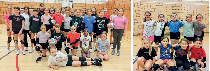 links: Die Volleyball Gruppen U12,U13 und U15; rechts:die Volleball Gruppe U10