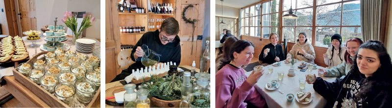 v. l.: Ein köstliches Fichten-Buffet; Philip Grasser füllt die selbst hergestellten Fichten-Lippen-Pflegestifte ab; Die SchülerInnen genießen das herrliche Fichten-Buffet