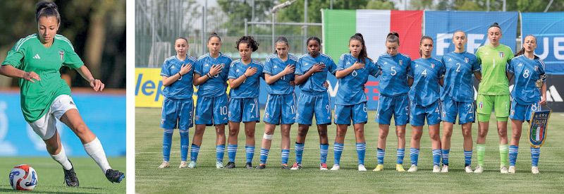 l. Rita El Miroun, ein Ausnahmetalent vom SV Goldrain, r. Rita mit der Nummer 7 beim Länderspiel der italienischen Nationalmannschaft +15 jüngst gegen die Schweiz (3:0 Sieg Italien)