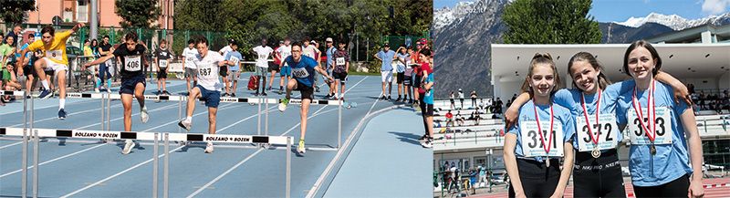 Simon Hofer beim Hürdenlauf; rechts: Hanna Mayr, Walder Sofia und Jasmin Mayr