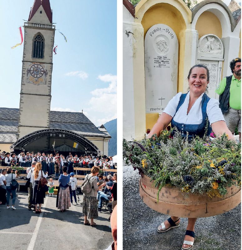 Die Malser Musikkapelle vor der Pfarrkirche „Zur Himmelfahrt Mariens“; rechts: Evelyn Gratl mit den Weihbuschen
