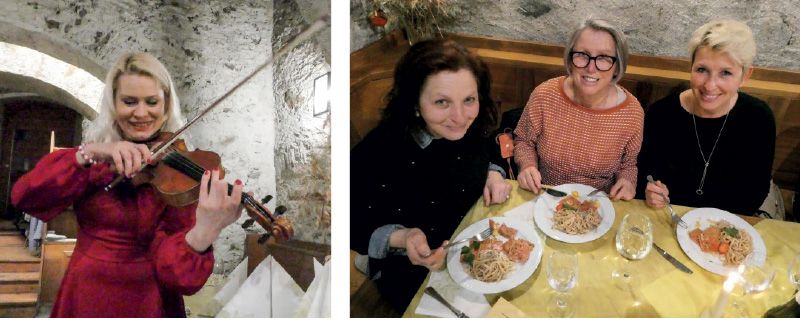 Für die musikalische Untermalung sorgte Lena Savina aus Weißrussland, Geige; v. l. Karin Pirhofer, Ruth Osten und Sonja Platzer vom Weltladen Latsch
