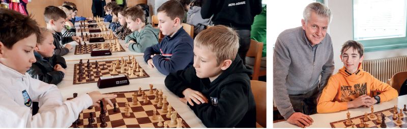 Konzentration beim Schach Jugend Grand Prix; vorne rechts: Simeon Niederfriniger; Bild rechts: der Präsident des Schachvereins Lichtenberg Reinhold Schöpf mit Mattia De Filippis