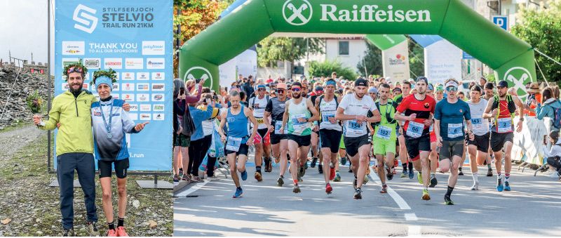 links: Die Sieger Konstantin Wedel und Alice Guerra;  rechts: Gestartet wurde im Dorfzentrum von Prad