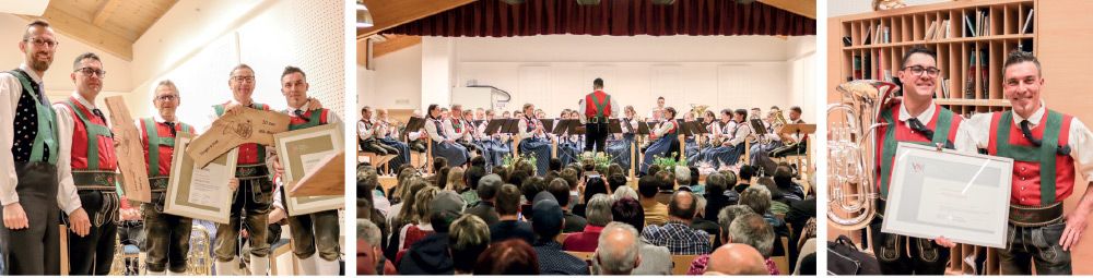 v.l.: Die Ehrungen zu 50 Jahre Mitglied in der Musikkapelle Matsch; ein gelungenes Osterkonzert bildete den Rahmen für die Danksagungen und Ehrungen; Obmann und Kapellmeister- ein gutes Duo in der Musikkapelle Matsch