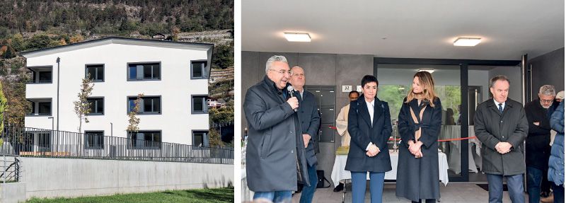 Das Gebäude ist zweifelsohne ein Vorzeigeprojekt im Bereich des sozialen Wohnbaus. Rechts: Die feierliche Schlüsselübergabe des WOBI an die neuen Mieter fand am 26. März statt.