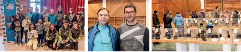 o. v. l. Ausstellungsleiter Josef Ilmer mit dem Obmann des Kaninchenzuchtvereins Vinschgau Walter Telser l. die Jungzüchter und - aussteller in Schlums