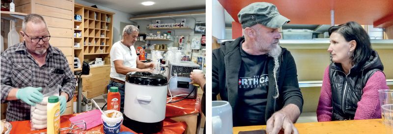 links: Egon Blaas half beim Umtrunk und nahm für den Verein „Transplantation ist Leben“ die Spenden entgegen; rechts: Joachim Pircher mit Astrid Stecher vom Eisenwarengeschäft am Rathausplatz