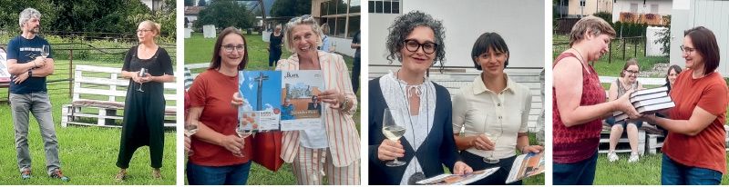 v. l. Die beiden neuen Koordinatoren Roland Lechner und Susanne Seawert stellten kürzlich das neue „s.Blattl“ in Laas vor; Gemeindereferentin Elfi Kirmaier, BM Verena Tröger und Maria Raffeiner freuen sich über die erste Ausgabe; Brigitte Schönthaler (Bildungsausschuss) überreichte Priska Lechner alle 80 Ausgaben des „s’Blattl“ der letzten 20 Jahre in gebundener Form.