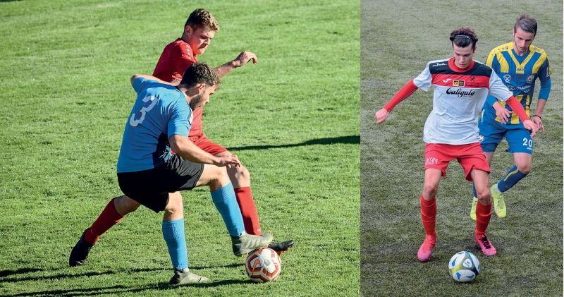 links: Alex Kuen (rot) belegt mit Latsch nach 13 Spieltagen den zehnten Platz. Die Naturnser (blau-gelb) könnten sich noch die Spitzenposition schnappen, Partschins (weiß-rot) befindet sich auf dem 15. Platz.