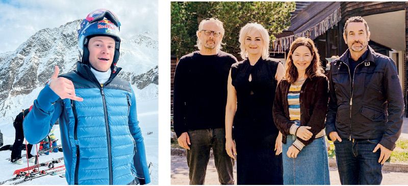 links: Lucas Pinhero Braathen, Brasilien am Schnalstaler Gletscher; rechts v.l.: Drehbuchauto David Sandreuter, Martina Gedeck, Hannah Herzsprung, Manfred Waldner, Direktor der Tourismusgenossenschaft Schnalstal in Kurzras.