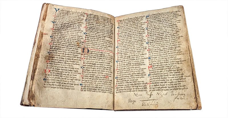 Auf Pergament geschrieben, in Leder gebunden: das Nibelungenlied von Obermontani. Online kann auf der Webseite der Staatsbibliothek Berlin (Digitalisierte Sammlungen) darin geblättert werden. Es wurden alle Hebel in Bewegung gesetzt, dass die Handschrift nun ganz real in Meran betrachtet werden kann.