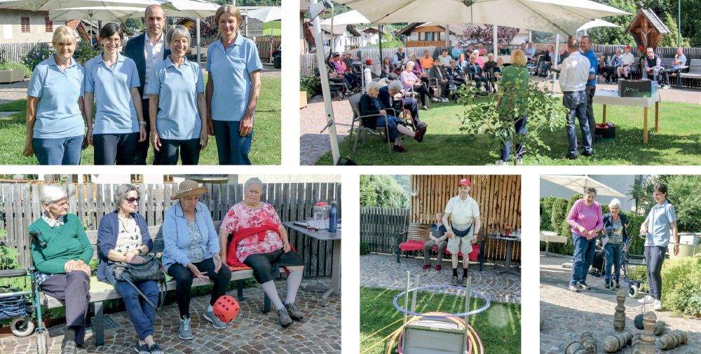 Oben links: v. l. Gisela Mitterer, Andrea Ladurner, Direktor Matthias Ladurner, Kuni Schuster und Paula Planck; oben rechts: Bei der Siegerehrung im „Garten der Sinne“ des Seniorenwohnheim Annenberg Latsch; von links: Katharina Wolf beim Würfel-Spiel; Armand Holzknecht beim Ringe werfen; Luisa Trogmann beim Kegeln