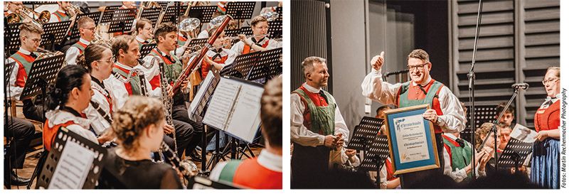 Die Kortscher Musi in Aktion, v. l.: Vize-Obmann Georg Gemassmer, Ehrenkapellmeister Stefan  Rechenmacher, Obfrau Elisabeth Pilser
