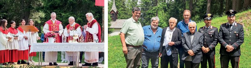 links: Festmesse auf Vallierteck rechts v. l. Albrecht Plangger, Karl Maier, Anton Pfeifer, Florian Eller, Robert Anhof Behördernvertreter der Carabinieri