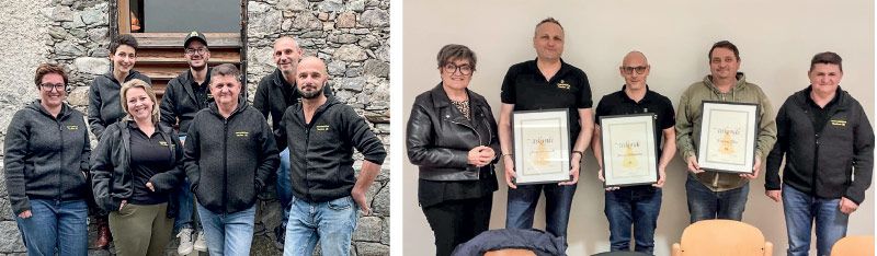 v. l.: Astrid Christandl Zerz, Elena Caló, Michaela Albrecht, Philip Brighenti, Hartmann Wieser, Florian Rufinatscha, Davide Brighenti. Rechts: Ehrungen v. l.: Roselinde Gunsch, Franz Christandl, Florian Rufinatscha, Vinzenz Fliri, Hartmann Wieser