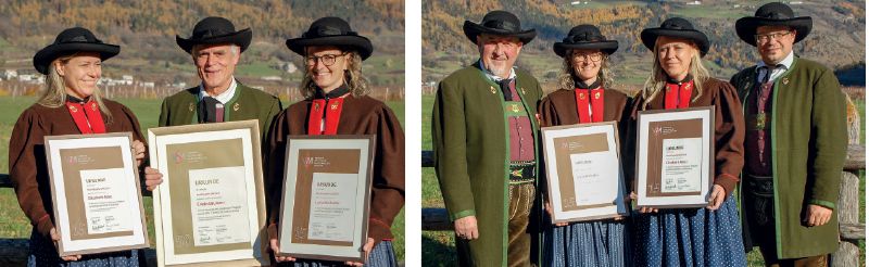 Die Geehrten Elisabeth Alber, Erwin Brunner und Luzia Wallnöfer jeweils gerahmt von links Kapellmeister Werner Bruner und rechts Obmann Andreas Paulmichl