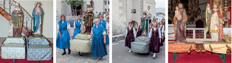 v. l.: Mutter Anna mit Maria; Frauen in der erneuerten kornblumen Tracht; Frauen in der bordeauxroten Tracht, hl. Josef und Schutzengel