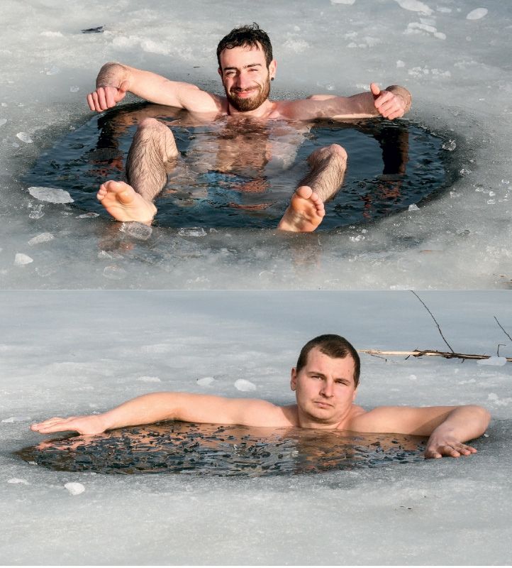 Sie steigen einmal täglich ins Eisloch am Goldrainer See: oben Gabriel Mair Buono, unten Samuel Ilmer: „Der Tauchgang stärkt unser Immunsystem, hinterher fühlen wir uns pudelwohl“