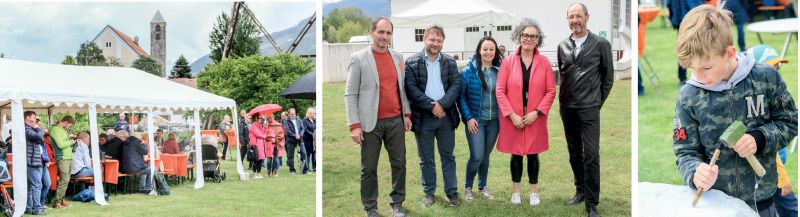 links: Mit Wohlwollen und Genugtuung wurden in Laas Eröffnung und Nutzung des Dreispitzes gefeiert  rechts v. l.: der Präsident von Marmor+ Thomas Tappeiner, der stellv. Direktor des Bergbaumuseums Ridnaun Armin Torggler, die Direktorin vom Amt für Museen und museale Forschung Monika Conrater, BMin Verena Tröger und Ex-BM Andreas Tappeiner; rechts: Auch mit Hammer und Meisel wird der Laaser Marmor erlebbar gemacht