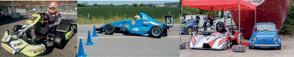 links: Mitterer Hannes aus Tabland beim Kart Training im Safety Park Bozen; Mitte: MSGV Präsident Rainer Gerold aus Göflan mit seinem Formel Gloria; rechts: Familie Schuster aus Schlanders