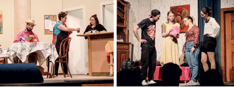 links: Max Wegmann (als Hugo) Nadin Ortler (als Putzi) und Vivien Gander (als Alexa Anders); rechts: Manuel Rungg (als Jan), Ayleen Pali (als Isi), Lisa Rungg (als Emma) und Valeria Kofler (als Denise von Oben)