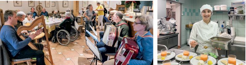 links: Pro Musicante, eine Gruppe von Hobbymusiker:innen unter der Leitung von Gernot Niederfriniger, spielte bei der Weihnachtsfeier am 28. Dezember im Altersheim Schluderns; rechts: Elisabeth Ungerer, Maturantin an der Haushaltungsschule Kortsch, überraschte die Senioren beim Mittagessen mit leckeren Fingerfoot-Gerichten.