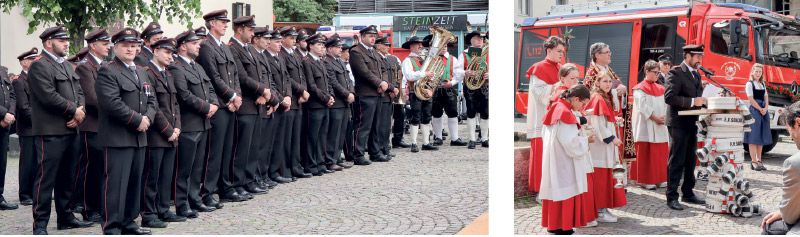 rechts: FF Kommandant Harald Thanei begrüßt die Gäste darunter ganz speziell die Patin Sophie Wagmeister (rechts im Bild) links: die Männer der FF Schluderns und aus dem Bezirk Vinschgau