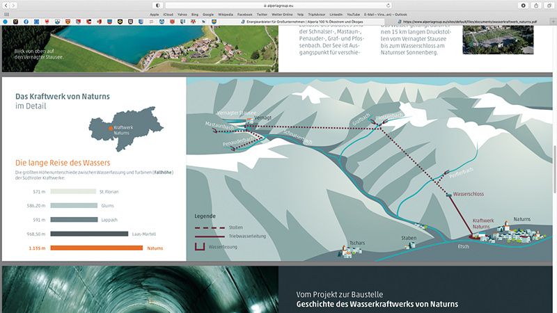 Mit einem enormen Gefälle (Fallhöhe 1.135 m) ist die Anlage von Naturns (230 Megawatt installierte Leistung) das größte Hochdruckwasserkraftwerk in Südtirol.