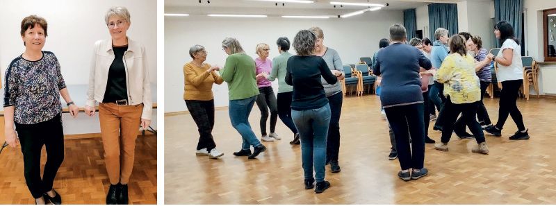 v. l. Die Tanzleiterinnnen Roswitha und Marion und eine Rückmeldung einer Kursteilnehmerin: „Zuerst war es etwas anstrengend, sich auf die Koordination von Kopf und Füßen zu konzentrieren und im Takt der Musik zu bleiben. Im Laufe des Kurses entwickelt sich eine Leichtigkeit, Freude, Spaß und Gelassenheit. Diese positiven Gefühle nehme ich in den privaten und beruflichen Alltag mit.“
